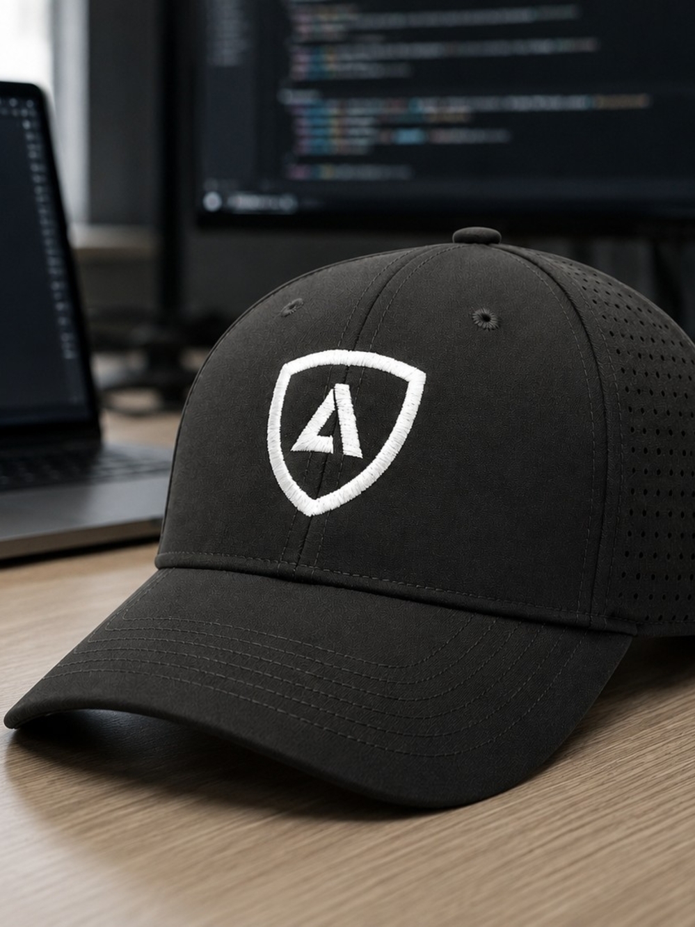 Adobe Shield Logo Performance Golf Hat Black Baseball Cap with White Shield Logo